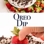 oreo dip served with strawberries on a white plate on a light surface with a multi colored linen