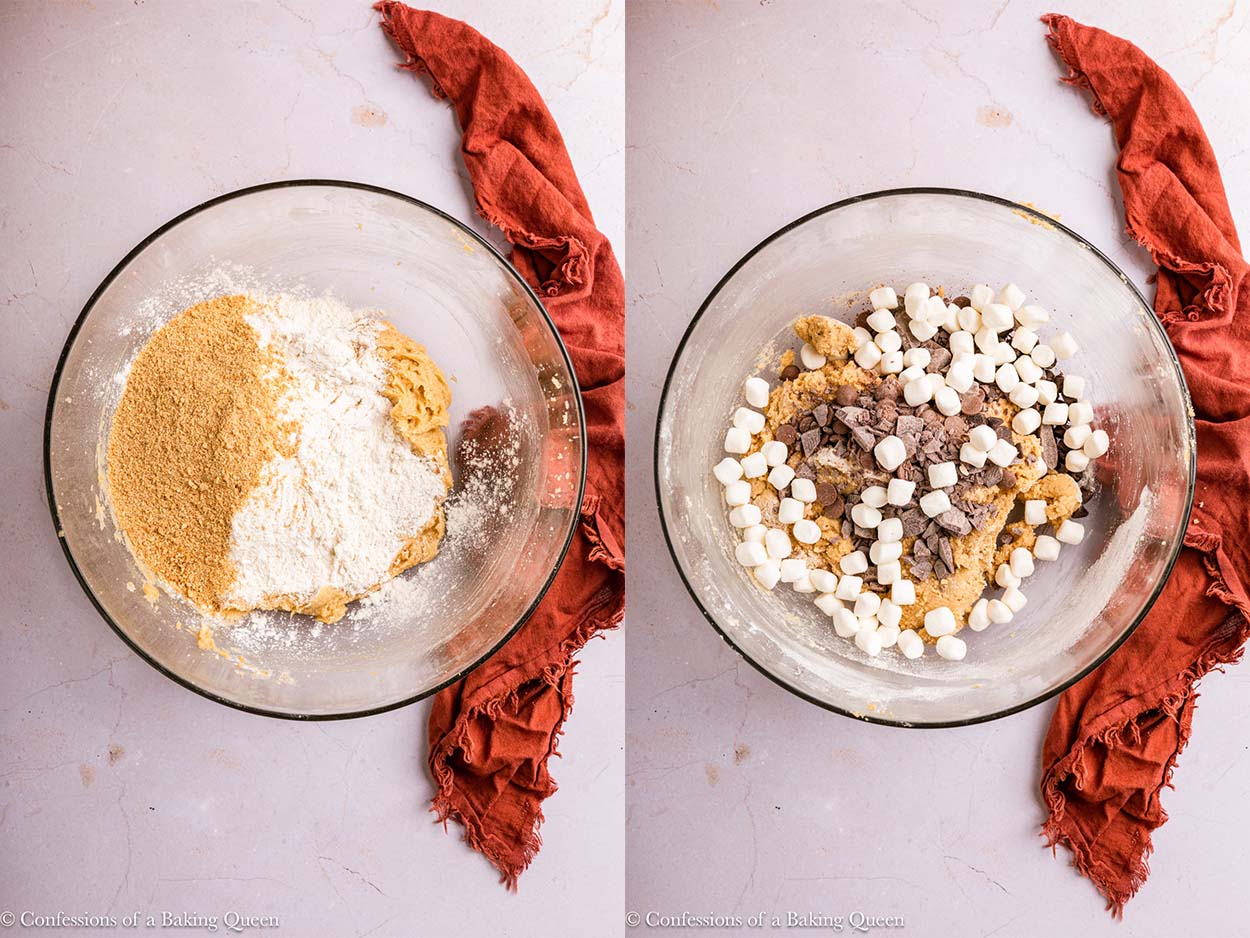 Side-by-side images; one of adding graham cracker crumbs and dry ingredients to wet ingredients for cookie dough and one of adding mix-ins to the same cookie dough.
