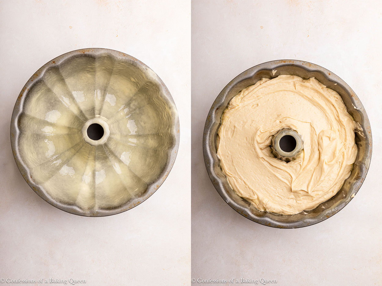bundt cake pan heavily greased then filled with cake batter on a light surface