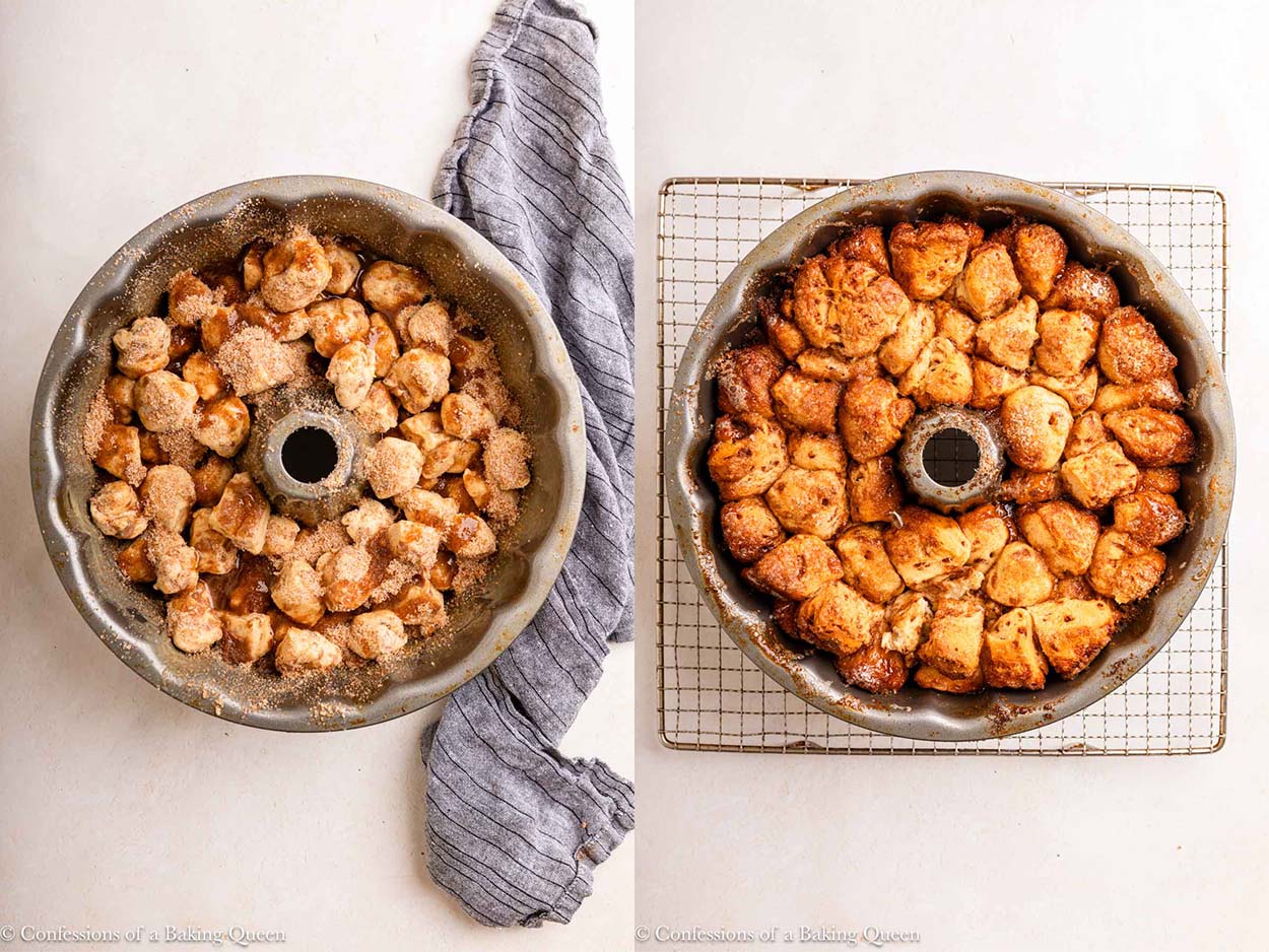 cinnamon roll monkey bread unbaked and then baked on a light surface