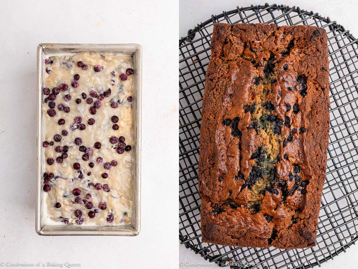 blueberry banna bread before and after baking on a light surface.