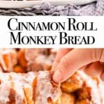 cinnamon roll monkey bread on a white serving plate on a blue linen on a light surface.