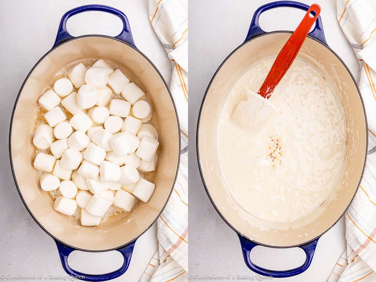 marshmallows and butter melted together than vanilla added to them in an large pot on top on light surface with a stripped linen
