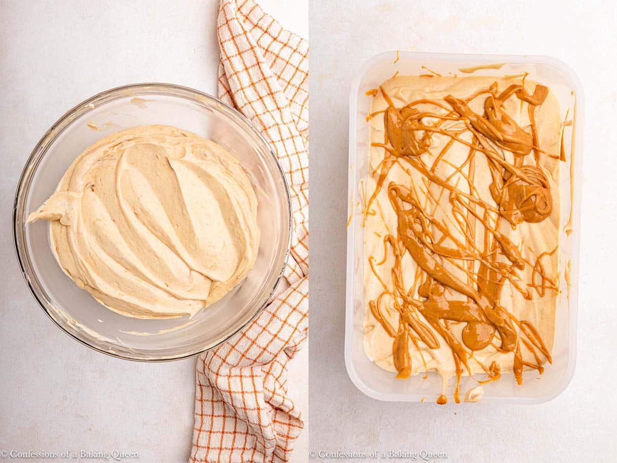peanut butter ice cream in a bowl transferred to container and swirled with peanut butter on a light surface with an orange linen.