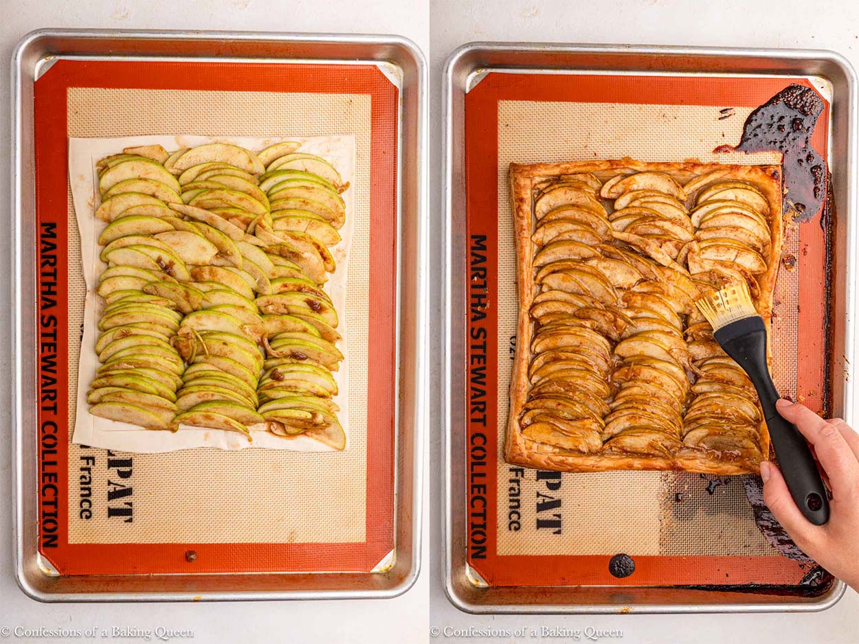 puff pastry apple tart before and after baking on a silpat lined baking tray on a light surface