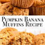 stacked pumpkin banana muffins in a linen lined bowl on a light surface.