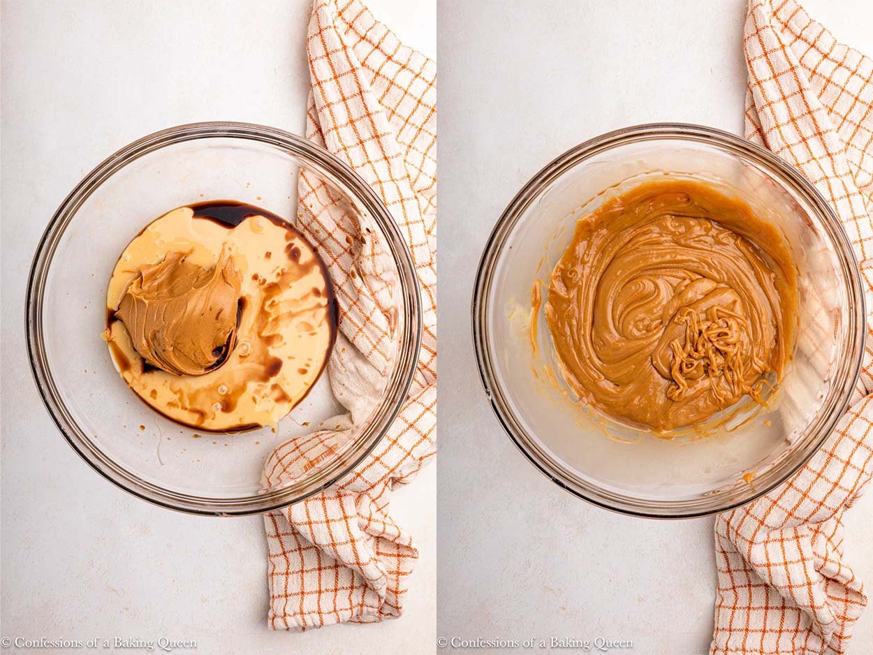 sweetened condensed milk, peanut butter,and vanilla mixed together in a bowl on a light surface with an orange linen.