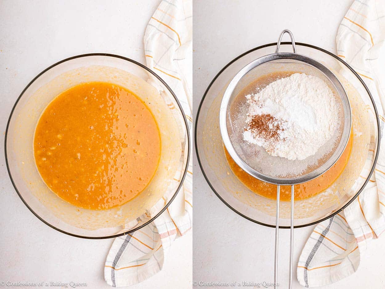 wet ingredients whisked in a glass bowl with dry ingredients sifted in on a light surface with an orange linen.