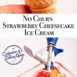 close up of strawberry cheesecake ice cream cone.