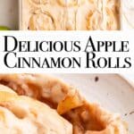 apple cinnamon rolls with maple frosting in a pan on a light surface with green apples.