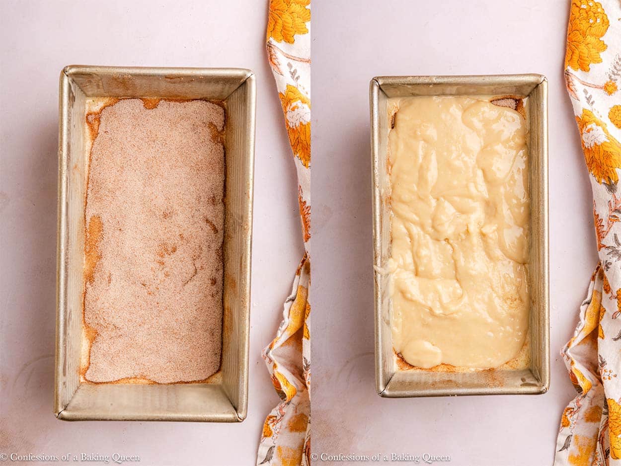 cinnamon bread layered in a loaf pan on a light pink surface with floral linen.