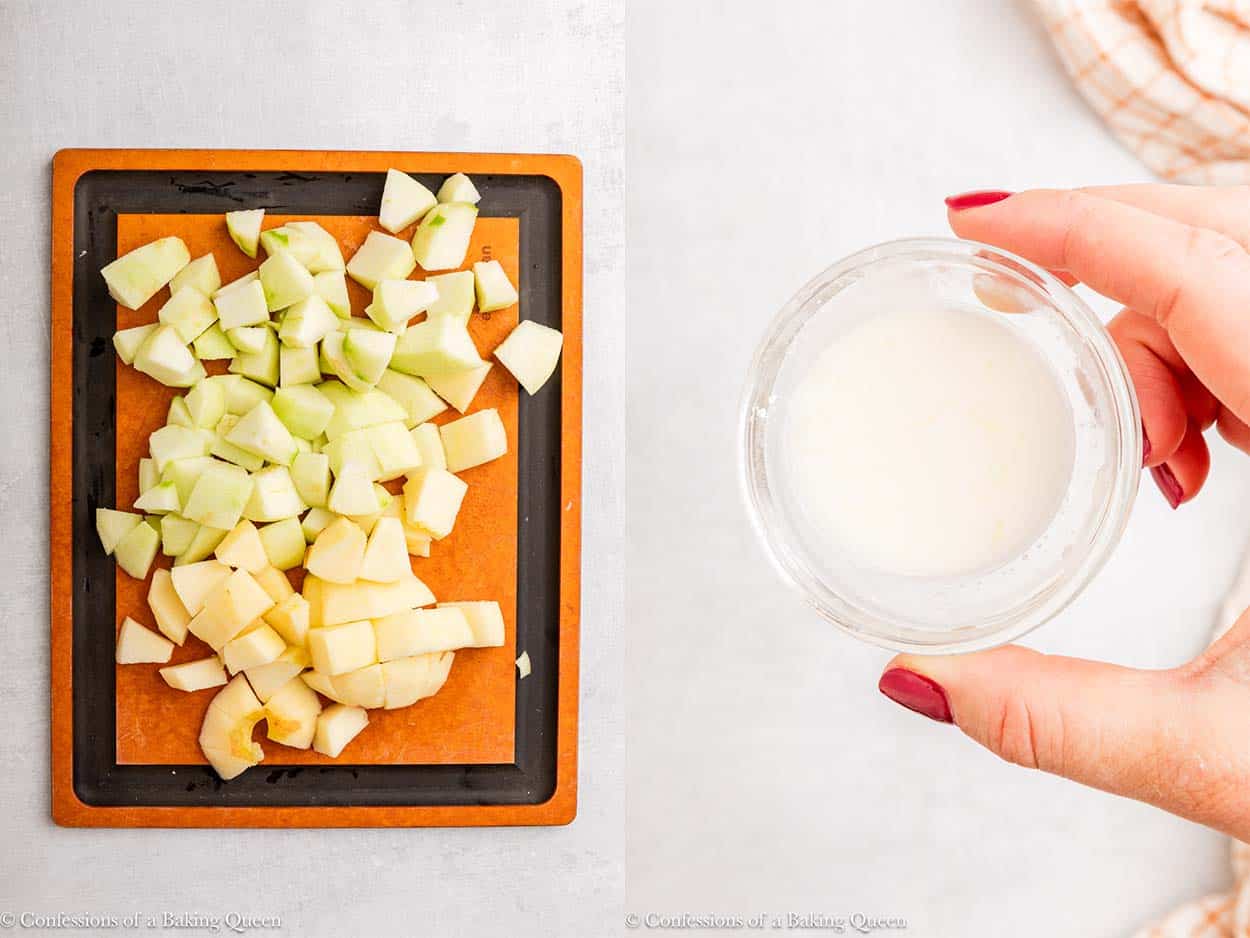 apples chopped up on a cutting board and a slurry in a small bowl on a light surface.
