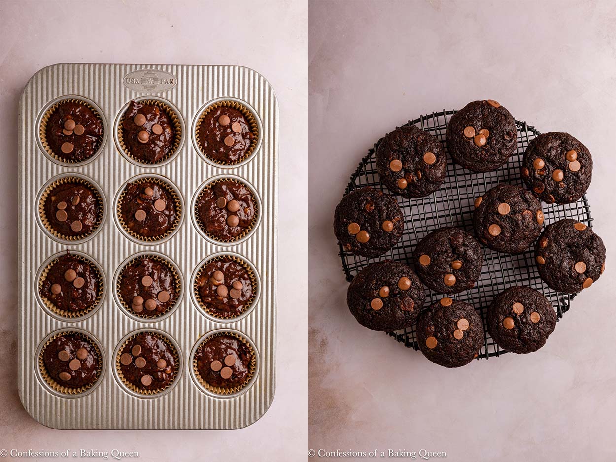 double chocolate banana muffins before and after baking on a light surface.