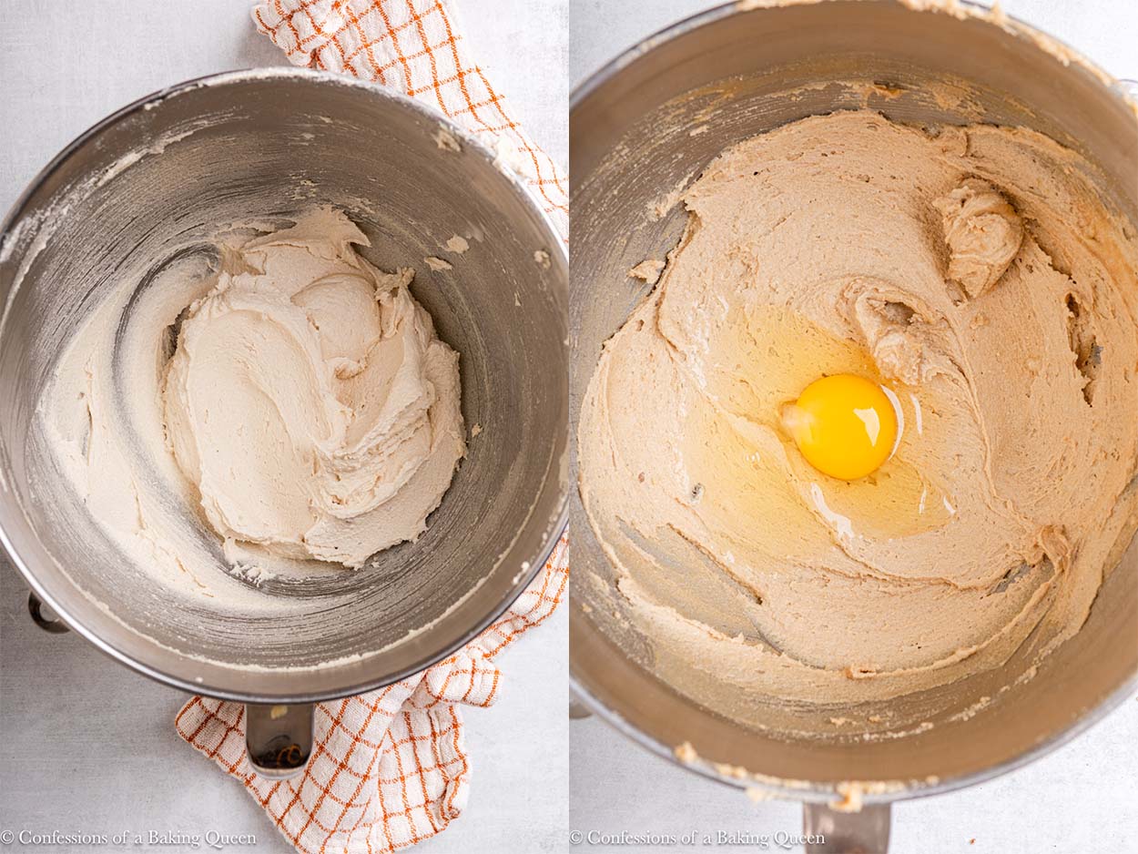 butter and sugars creamed together then egg added in a metal bowl on a light grey surface with an orange linen.