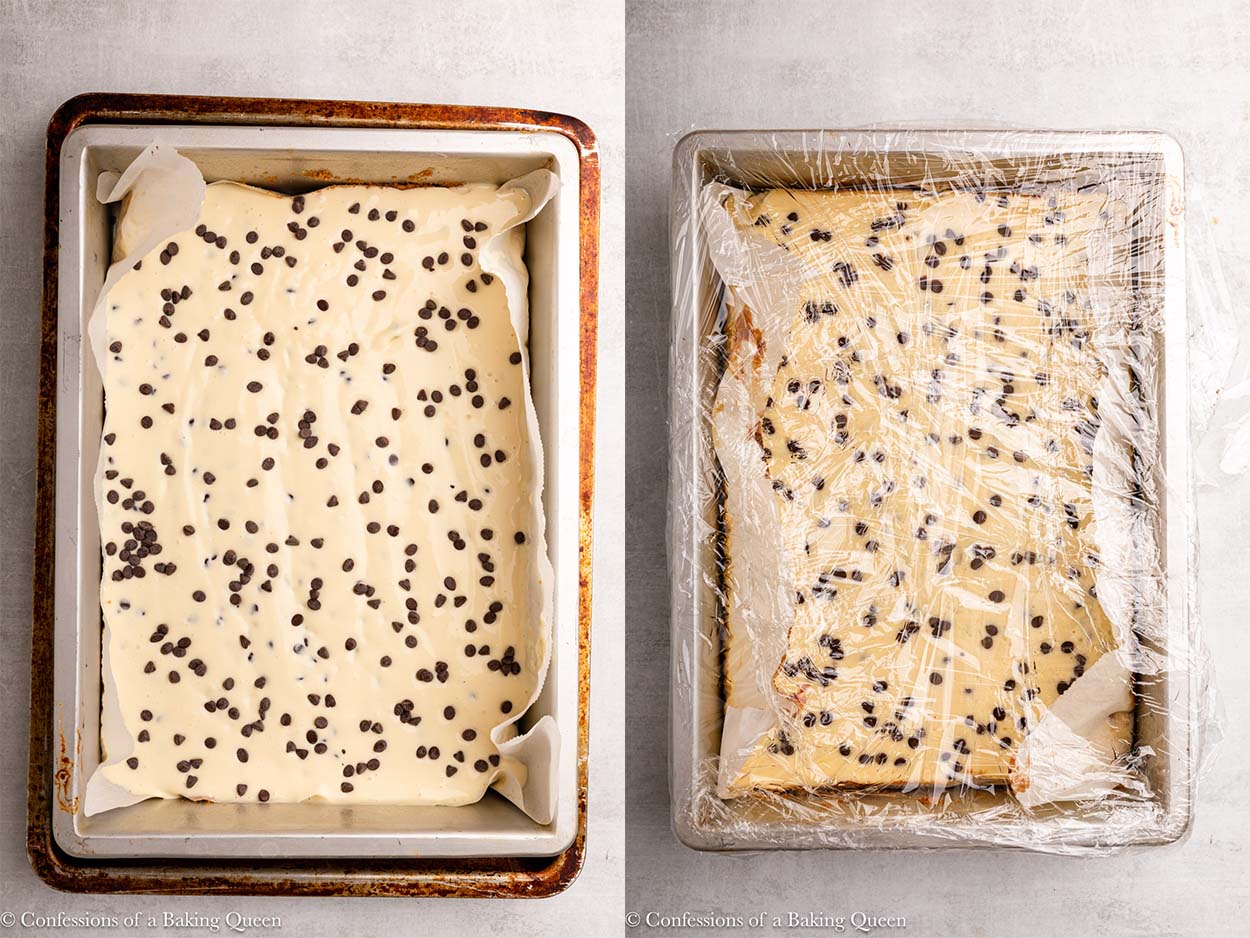 chocolate chip cheesecake bars before and after baking on a light grey surface with a pink linen.
