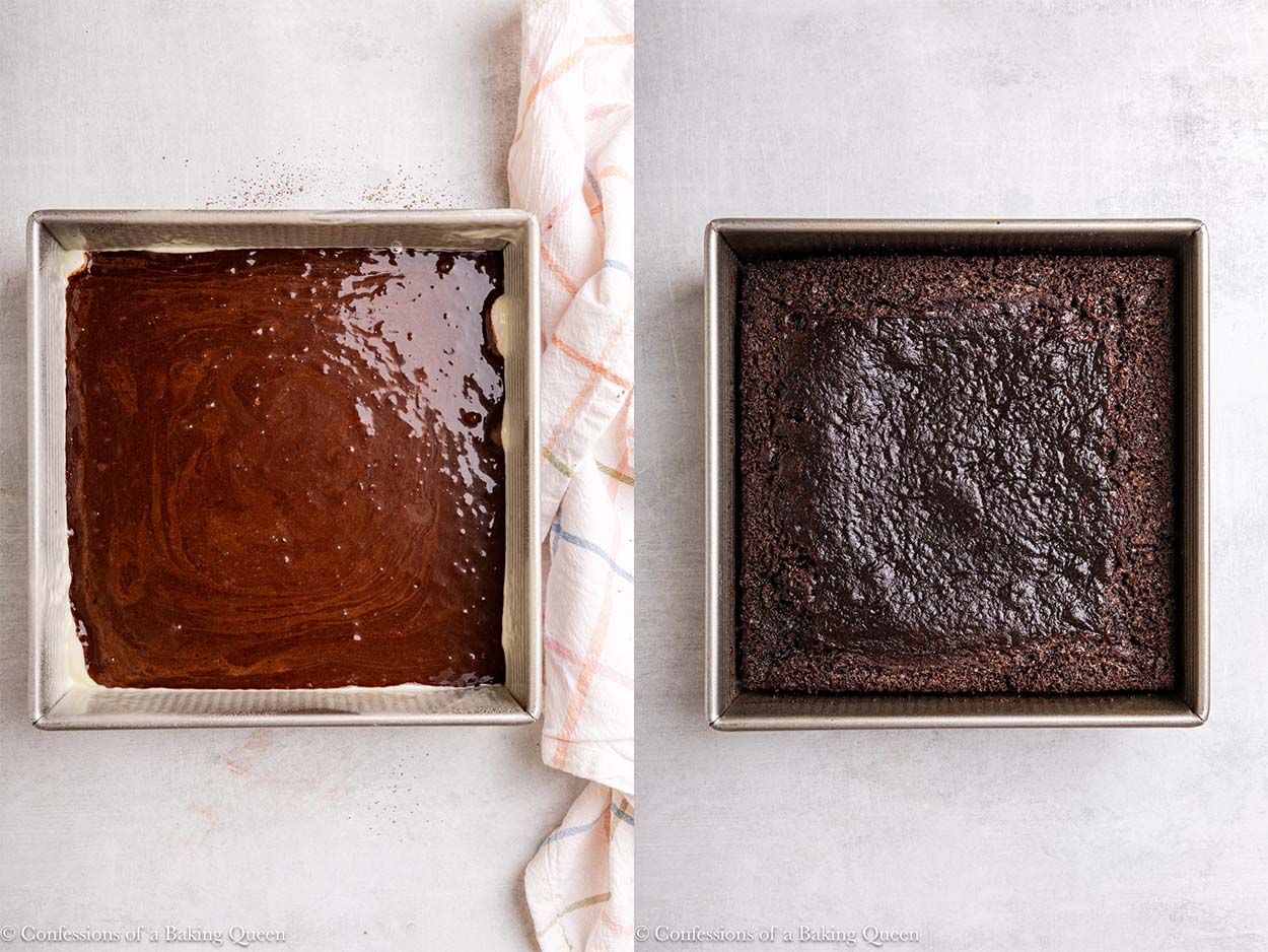 chocolate fudge cake before and after baking in a square pan on a light grey surface with a colorful linen.