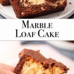 Two slices of marble loaf cake with rich chocolate frosting sit on a plate, while a hand reaches for one tempting slice. Text reads Marble Loaf Cake.